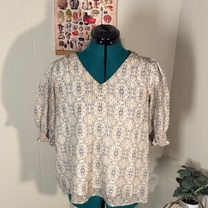 Polagram Cream and Blue Patterned Blouse